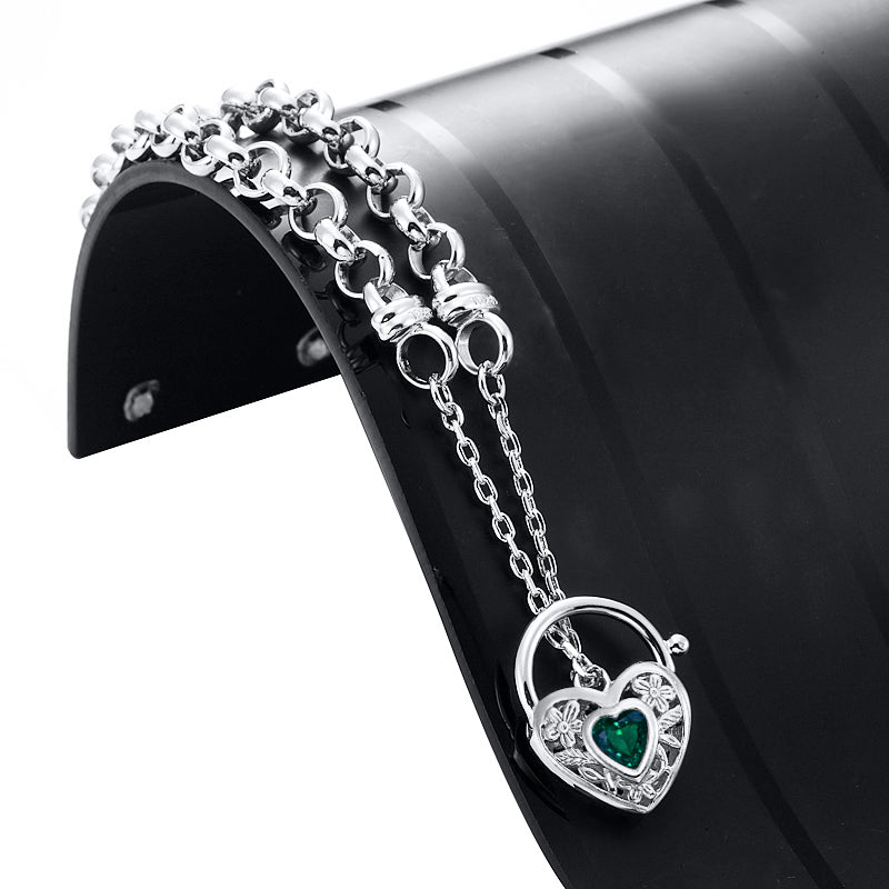 925 Sterling Silver Plated 6mm Belcher Chain Bracelet with a Green Filigree Locket - USA Made-1